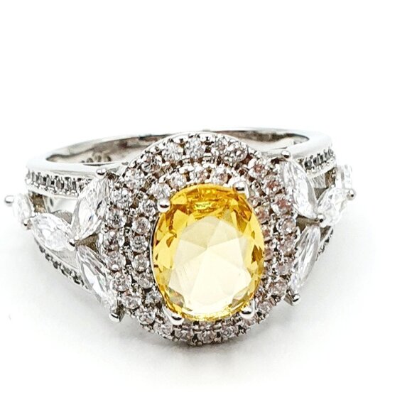 ▶Noble Hollow Beautiful Oval Crystal Royal Yellow CZ Silver Ring for Women, L073 - Picture 6 of 9
